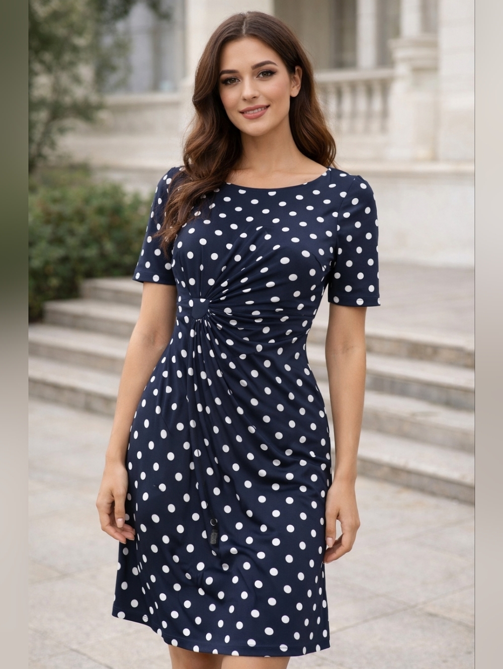 connected apparel Navy and White Polka Dot Twist-Front Midi Dress